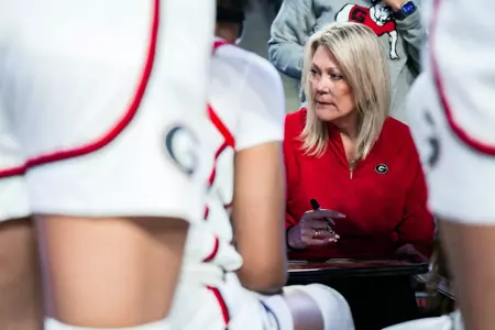 Georgia head coach Katie Abrahamson-Henderson during Georgia’s game against UNC Greensboro at Stegeman Coliseum in Athens, Ga., on Monday, Dec. 16, 2024. (Tony Walsh/UGAAA)