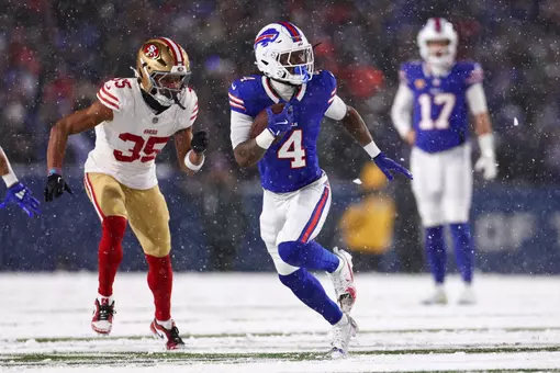 Former Georgia running back James Cook in a game for the Buffalo Bills against the San Francisco 49ers at Sunday, Dec. 1, 2024 at Highmark Stadium.