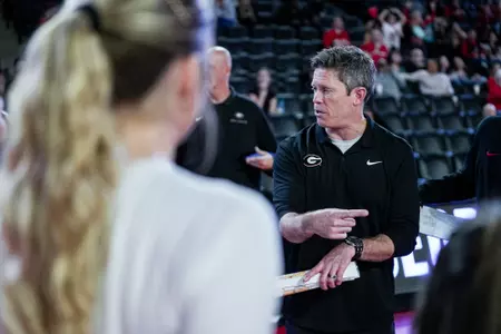 Georgia head coach Tom Black during Georgia’s match against Mississippi State at Stegeman Coliseum in Athens, Ga., on Wednesday, Nov. 27, 2024. (Tony Walsh/UGAAA)