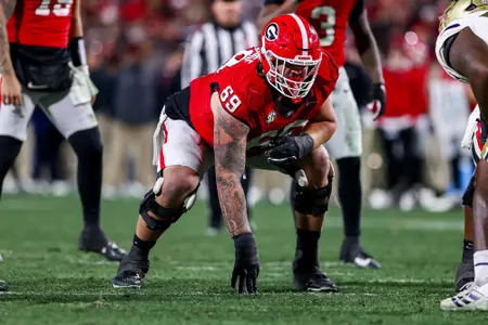 Senior offensive lineman Tate Ratledge during a football game against Georgia Tech on Dooley Field at Sanford Stadium on Friday, Nov. 29, 2024.