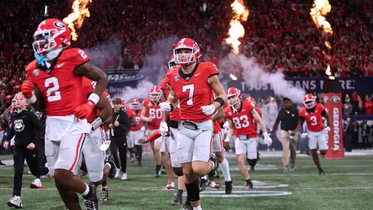 Dec 7, 2024; Atlanta, GA, USA; The Georgia Bulldogs take the field before the 2024 SEC Championship game against the Texas Longhorns at Mercedes-Benz Stadium. Mandatory Credit: Brett Davis-Imagn Images