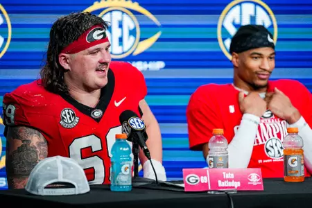 Georgia offensive lineman Tate Ratledge (69) after Georgia’s game against Texas in the 2024 SEC Championship at Mercedes-Benz Stadium in Atlanta, Ga., on Saturday, Dec. 7, 2024. (Tony Walsh/UGAAA)