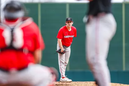 Georgia pitcher Charlie Goldstein (29) during the Georgia Baseball Team’s first official practice at Foley Field in Athens, Ga., on Friday, Jan. 26, 2024. (Kari Hodges/UGAAA)