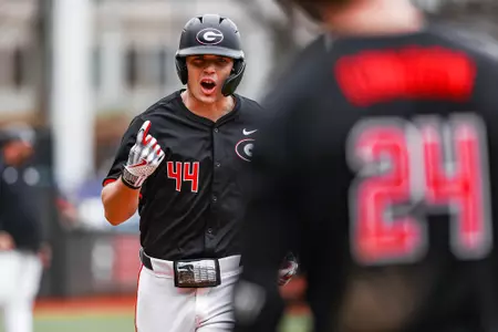 Georgia infielder Slate Alford (44) during Georgia’s game against UNC Asheville at Foley Field in Athens, Ga., on Friday, Feb. 16, 2024. (Kari Hodges/UGAAA)
