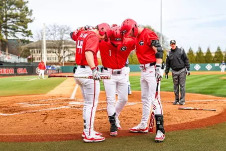 Georgia outfielder Dillon Carter (1), Georgia infielder Slate Alford (44), Georgia first baseman and outfielder Charlie Condon (24) during Georgia’s game against UNC Asheville at Foley Field in Athens, Ga., on Saturday, Feb. 17, 2024. (Kari Hodges/UGAAA)