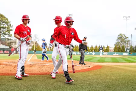 Georgia outfielder Dillon Carter (1), Georgia infielder Slate Alford (44), Georgia first baseman and outfielder Charlie Condon (24) during Georgia’s game against UNC Asheville at Foley Field in Athens, Ga., on Saturday, Feb. 17, 2024. (Kari Hodges/UGAAA)