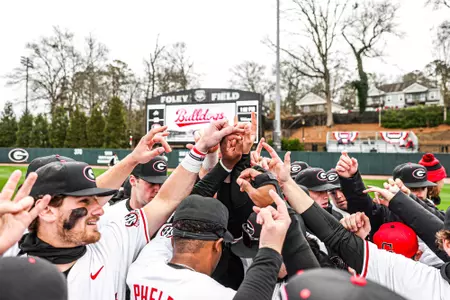 Georgia Baseball Team before Georgia’s game against UNC Asheville at Foley Field in Athens, Ga., on Sunday, Feb. 18, 2024. (Kari Hodges/UGAAA)
