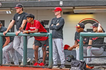 Georgia assistant coach Will Coggin during the Georgia Baseball Team’s first official practice at Foley Field in Athens, Ga., on Friday, Jan. 26, 2024. (Kari Hodges/UGAAA)