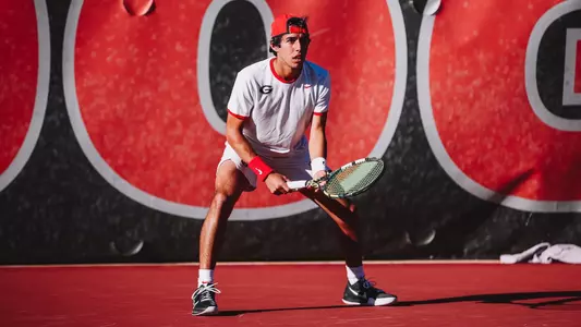 Cyrus Mahjoob prepares to return a serve against Georgia State on Sunday, March 10.