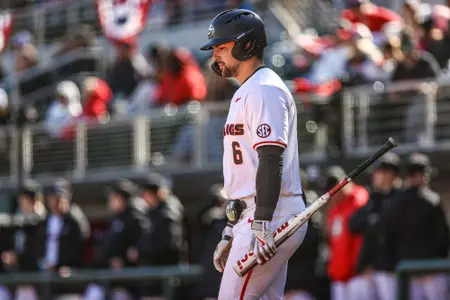 Georgia catcher and outfielder Corey Collins (6) during Georgia’s game against UNC Asheville at Foley Field in Athens, Ga., on Sunday, Feb. 18, 2024. (Kari Hodges/UGAAA)