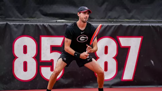 Thomas Paulsell preparing to return a serve during the team's match at home against Auburn.