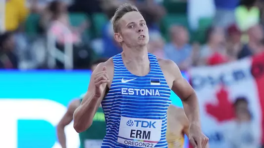 Jul 24, 2022; Eugene, Oregon, USA; Johannes Erm (EST) places third in the decathlon - 1500m during the World Athletics Championships Oregon 22 at Hayward Field. Mandatory Credit: Kirby Lee-USA TODAY Sports