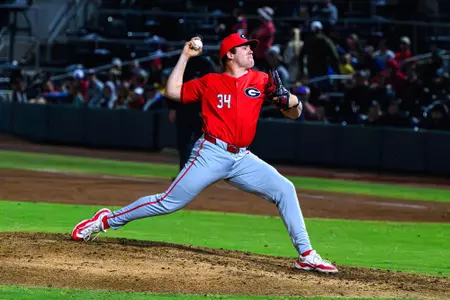 Georgia pitcher Tyler McLoughlin (34) during a game against Georgia Southern at SRP Park in North Augusta, SC, on Tuesday, Mar. 5, 2024. (photo by Rob Davis)