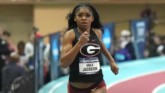 Mar 10, 2023; Albuquerque, New Mexico, USA; Kaila Jackson of Georgia runs in a women's 200m heat during the NCAA Indoor Championships at Albuquerque Convention Center. Mandatory Credit: Kirby Lee-USA TODAY Sports