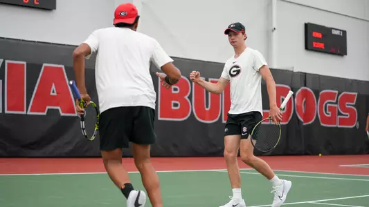 Freddy Blaydes and Niels Ratiu celebrating after earning a point in their doubles match against South Carolina State on Friday, March 8, 2024.