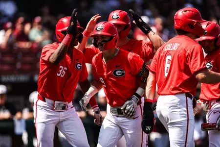Georgia infielder Kolby Branch (9), Georgia infielder Tre Phelps (36), Georgia catcher and outfielder Corey Collins (6), Georgia outfielder Clayton Chadwick (8), Georgia infielder Slate Alford (44) during Georgia’s game against Mississippi State at Dudy Noble Field in Starkville, Ms., on Sunday, Apr. 07, 2024. (Kari Hodges/UGAAA)