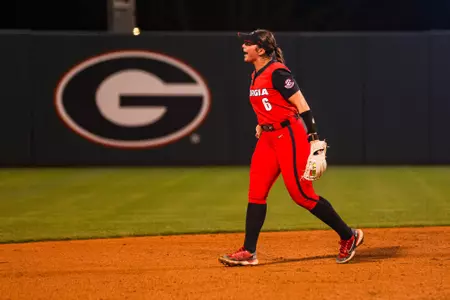 Georgia infielder Sydney Kuma (6) during Georgia’s game against Arkansas at Turner Softball Complex in Athens, Ga., on Monday, April 1, 2024. (Cassie Baker/UGAAA)