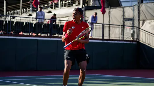 Georgia tennis player Niels Ratiu during Georgia’s match against Georgia Tech at Henry Feild Stadium at the Dan Magill Tennis Complex in Athens, Ga., on Tuesday, Feb. 6, 2024. (Tony Walsh/UGAAA)