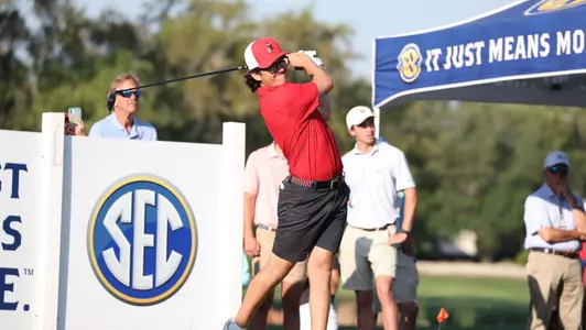Caleb Manuel teeing off from hole on during the third round of stroke play at the SEC Championships on Friday, April 26, 2024.
