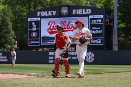 Georgia catcher Fernando Gonzalez (13), Georgia pitcher Christian Mracna (45) before Georgia’s game against Ole Miss at Foley Field in Athens, Ga., on Saturday, Apr. 20, 2024. (Kari Hodges/UGAAA)