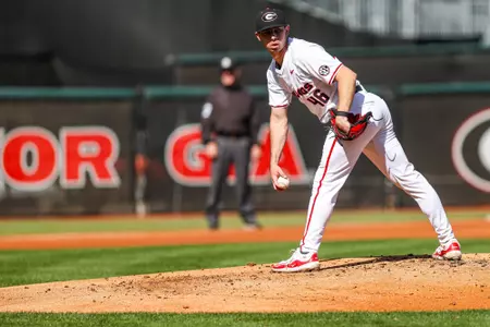 Georgia pitcher Zach DeVito (46) during Georgia’s game against Wofford at Foley Field in Athens, Ga., on Tuesday, Mar. 19, 2024. (Kari Hodges/UGAAA)