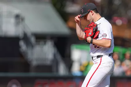 Georgia pitcher Zach DeVito (46) during Georgia’s game against Wofford at Foley Field in Athens, Ga., on Tuesday, Mar. 19, 2024. (Kari Hodges/UGAAA)