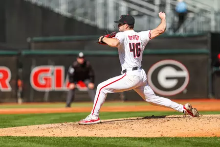 Georgia pitcher Zach DeVito (46) during Georgia’s game against Wofford at Foley Field in Athens, Ga., on Tuesday, Mar. 19, 2024. (Kari Hodges/UGAAA)