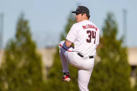 Georgia infielder and pitcher Tyler McLoughlin (34)  during Georgia’s game against Wofford at Foley Field in Athens, Ga., on Tuesday, Mar. 19, 2024. (Kari Hodges/UGAAA)