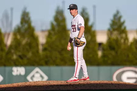 Georgia pitcher Max DeJong (33) during Georgia’s game against Wofford at Foley Field in Athens, Ga., on Tuesday, Mar. 19, 2024. (Kari Hodges/UGAAA)