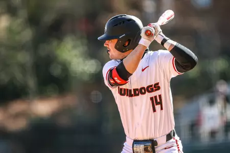 Georgia infielder Trey King (14) during Georgia’s game against UNC Asheville at Foley Field in Athens, Ga., on Sunday, Feb. 18, 2024. (Kari Hodges/UGAAA)