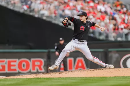 Georgia pitcher Charlie Goldstein (29) during Georgia’s game against Alabama at Foley Field in Athens, Ga., on Saturday, Mar. 23, 2024. (Kari Hodges/UGAAA)