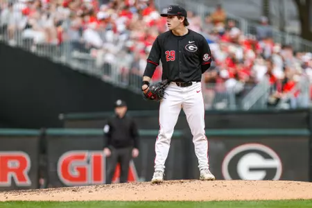 Georgia pitcher Charlie Goldstein (29) during Georgia’s game against Alabama at Foley Field in Athens, Ga., on Saturday, Mar. 23, 2024. (Kari Hodges/UGAAA)