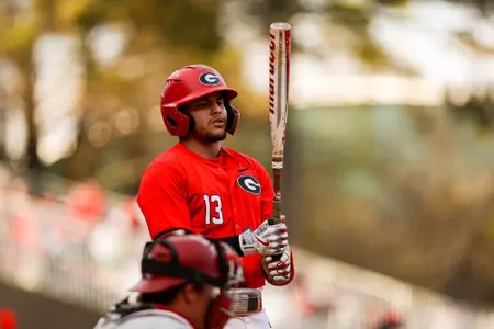 Georgia catcher Fernando Gonzalez (13) during Georgia’s game against Alabama at Foley Field in Athens, Ga., on Saturday, Mar. 25, 2024. (Kari Hodges/UGAAA)