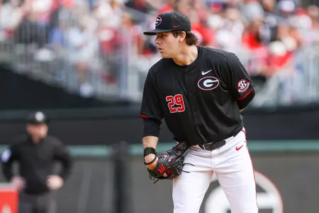 Georgia pitcher Charlie Goldstein (29) during Georgia’s game against Alabama at Foley Field in Athens, Ga., on Saturday, Mar. 23, 2024. (Kari Hodges/UGAAA)