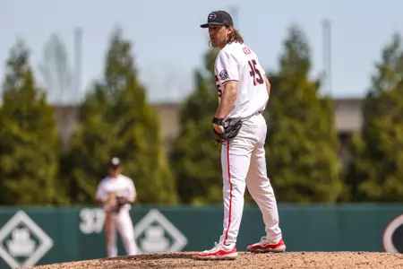 Georgia pitcher Christian Mracna (45) during Georgia’s game against Alabama at Foley Field in Athens, Ga., on Sunday, Mar. 24, 2024. (Kari Hodges/UGAAA)
