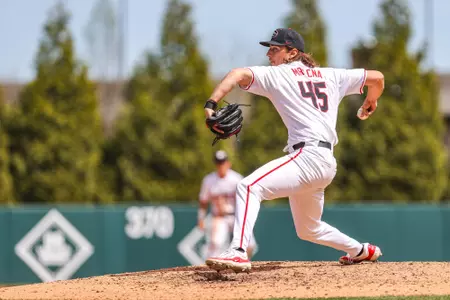 Georgia pitcher Christian Mracna (45) during Georgia’s game against Alabama at Foley Field in Athens, Ga., on Sunday, Mar. 24, 2024. (Kari Hodges/UGAAA)