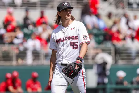 Georgia pitcher Christian Mracna (45) during Georgia’s game against Alabama at Foley Field in Athens, Ga., on Sunday, Mar. 24, 2024. (Kari Hodges/UGAAA)