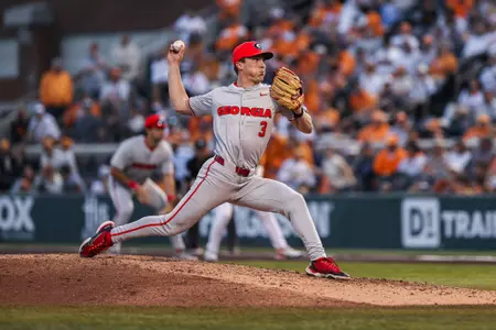 Georgia pitcher Zach Harris (3) during Georgia’s game against Tennessee at Lindsey Nelson Stadium in Knoxville, Tn., on Saturday, Mar. 30, 2024. (Kari Hodges/UGAAA)