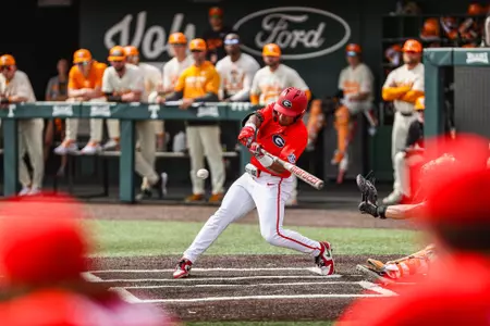 Georgia outfielder Clayton Chadwick (8) during Georgia’s game against Tennessee at Lindsey Nelson Stadium in Knoxville, Tn., on Sunday, Mar. 31, 2024. (Kari Hodges/UGAAA)