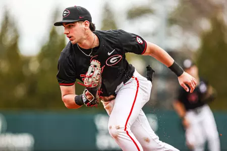 Georgia outfielder and first baseman Lukas Farris (27) during Georgia’s game against UNC Asheville at Foley Field in Athens, Ga., on Friday, Feb. 16, 2024. (Kari Hodges/UGAAA)