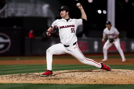 Georgia pitcher Ryan Gold (55) during Georgia’s game against Michigan State at Foley Field in Athens, Ga., on Wednesday, Feb. 28, 2024. (Kari Hodges/UGAAA)