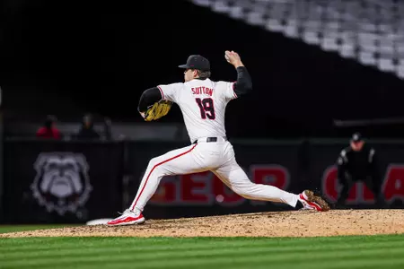 Georgia pitcher Ethan Sutton (19) during Georgia’s game against Michigan State at Foley Field in Athens, Ga., on Wednesday, Feb. 28, 2024. (Kari Hodges/UGAAA)