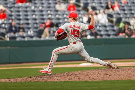 Georgia pitcher Luke Wiltrakis (43) during Georgia’s game against Georgia Tech at Coolray Field in Lawrenceville, Ga., on Sunday, Mar. 3, 2024. (Kari Hodges/UGAAA)