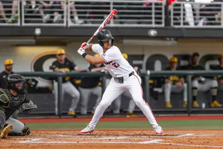 Georgia outfielder and first baseman Lukas Farris (27) during Georgia’s game against Iowa at Foley Field in Athens, Ga., on Tuesday, Mar. 12, 2024. (Kari Hodges/UGAAA)