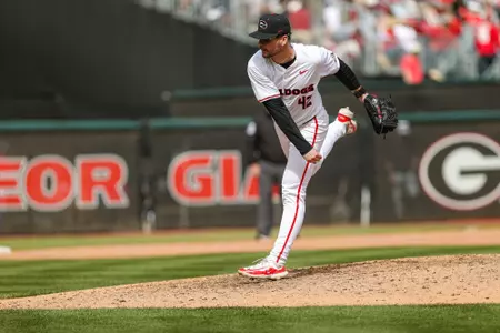 Georgia pitcher Daniel Padysak (42) during Georgia’s game against Alabama at Foley Field in Athens, Ga., on Sunday, Mar. 24, 2024. (Kari Hodges/UGAAA)