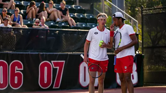 Georgia tennis player Freddy Blaydes, Georgia tennis player Niels Ratiu during Georgia’s match against Texas at Henry Feild Stadium inside the Dan Magill Tennis Complex in Athens, Ga., on Thursday, March 14, 2024. (Tony Walsh/UGAAA)