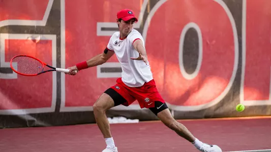 Georgia tennis player Thomas Paulsell during Georgia’s match against South Carolina at the Henry Feild Stadium at the Dan Magill Tennis Complex in Athens, Ga., on Friday, March 29, 2024. (Tony Walsh/UGAAA)