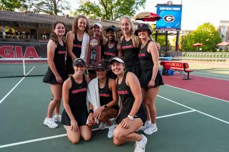 Georgia tennis player Anastasiia Lopata, Georgia tennis player Dasha Vidmanova, Georgia tennis player Alexandra Vecic, Georgia tennis player Mell Reasco, Georgia tennis player Aysegul Mert, Georgia tennis player Tatum Buffington, Georgia tennis player Haley Gaudette, Georgia tennis player Mai Nirundorn, Georgia tennis player Guillermina Grant after Georgia’s match against California in the super regional round of the 2024 DI Women's Tennis Championship at Henry Feild Stadium in the Dan Magill Tennis Complex in Athens, Ga., on Friday, May 10, 2024. (Tony Walsh/UGAAA)