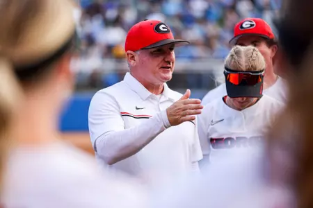 Georgia head coach Tony Baldwin before Georgia’s game against UCLA in the super regional round of the 2024 DI Softball Championship at Easton Stadium in Los Angeles, Calif., on Friday, May 24, 2024. (Conor Dillon/UGAAA)