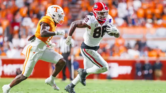 Georgia wide receiver Dillon Bell (86) during Georgia’s game against Tennessee at Neyland Stadium in Knoxville, Tenn., on Saturday, Nov. 18, 2023. (Tony Walsh/UGAAA)